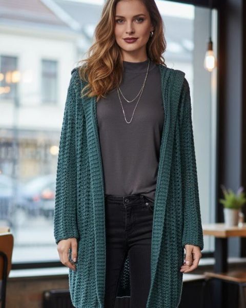 Cardigan with collar in lace rib pattern