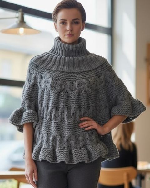 Poncho Sweater with a High Collar and Wide Ruffled Edges
