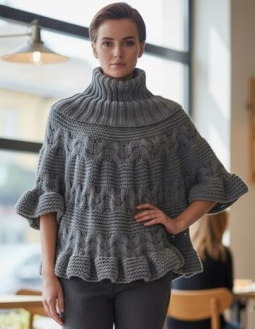 Poncho Sweater with a High Collar and Wide Ruffled Edges