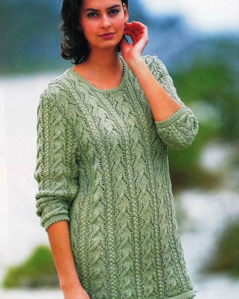 Long Pullover with Lace Cables