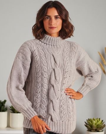 Sweater with Cable and Lace Leaf Pattern