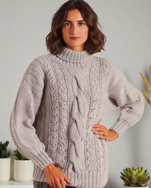 Sweater with Cable and Lace Leaf Pattern