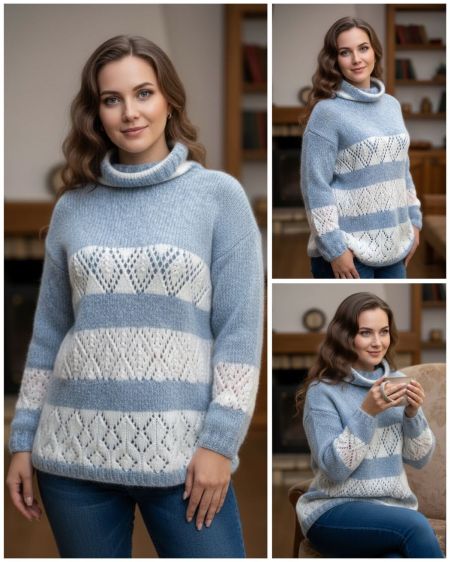 Sweater with Lace Diamond Pattern