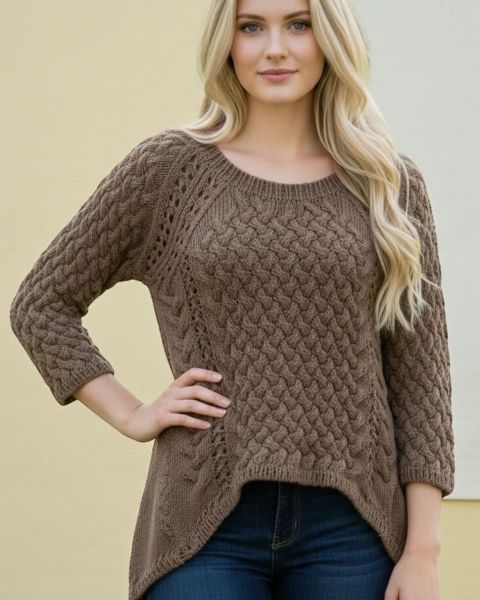 Pullover with Side Slants and Cable Pattern
