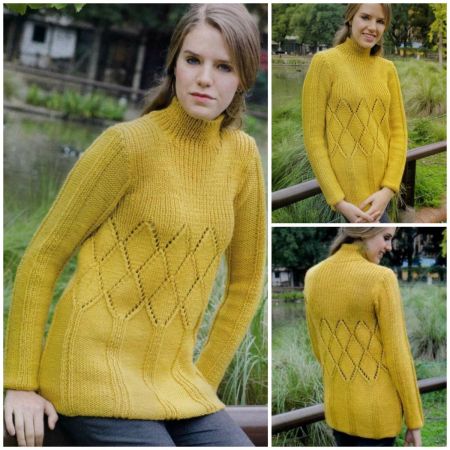 Sweater with Stand Collar and Diamond Pattern