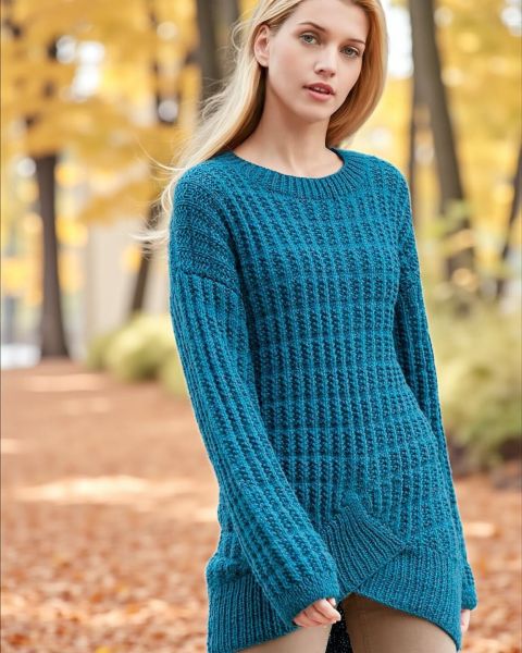 Sweater with Diagonal Band and Fantasy Ribbing Pattern